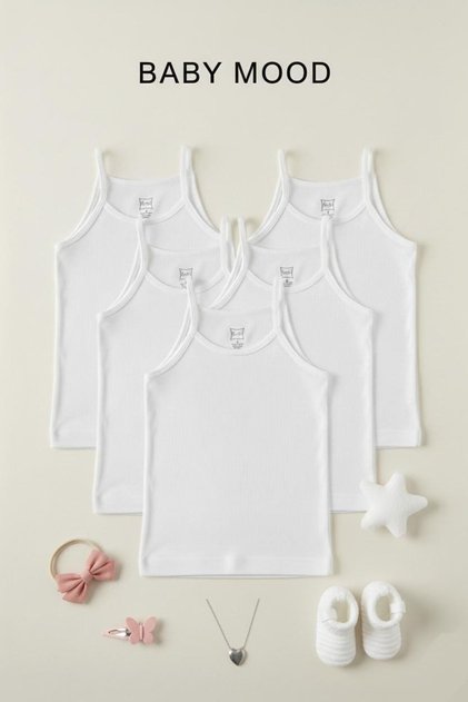 Pack of 5 100% Cotton Ribbed Fabric Baby Girl Undershirts - White Underwear with Ribbed Rope Straps