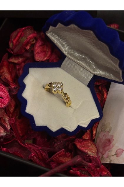 Gold Clover Model Adjustable Ring with Zircon Stones in Oyster Box