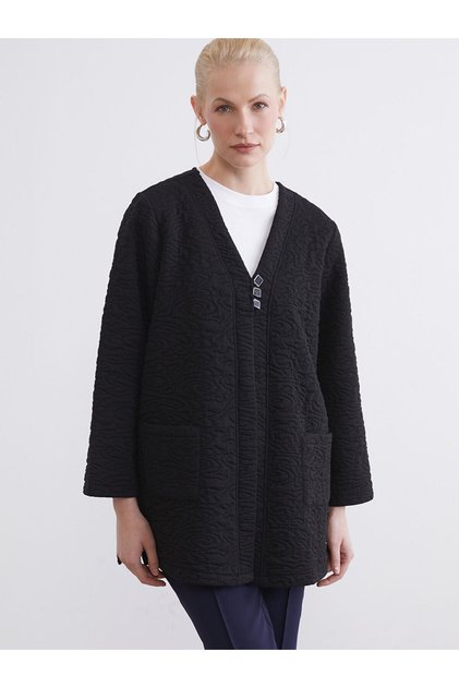 Mg trenden black v-neck self-patterned women's cardigan