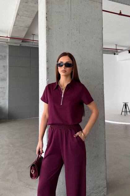 Modal Fabric Zippered Burgundy Suit