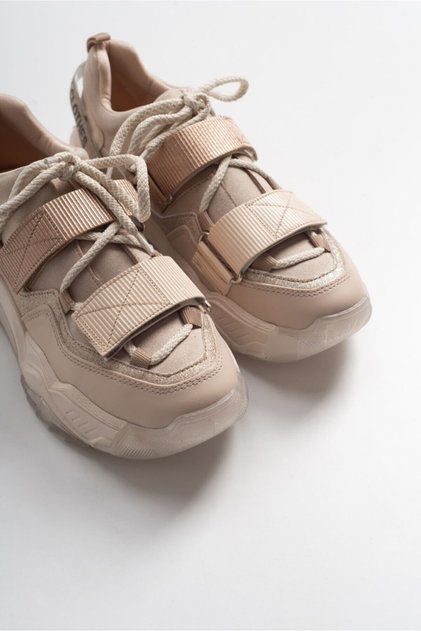 Lulen Beige Rose Glitter Written Velcro Women's Sports Sneakers