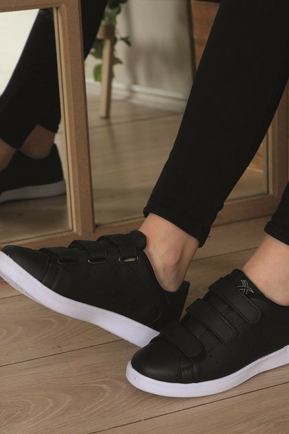 Unisex Siyah Beyaz Cırtlı Sneaker Ortopedik Günlük Yürüyüş Spor Ayakkabı