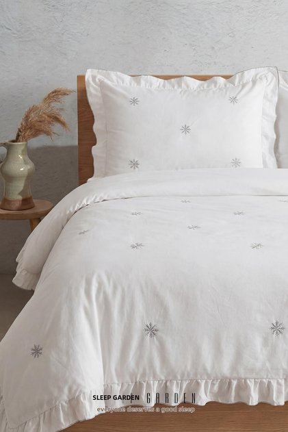 Esen Duvet Cover Set Embroidered 100% Cotton Snowflake Patterned White Double