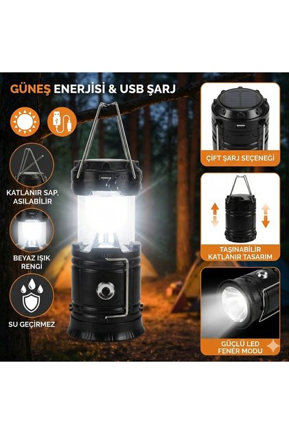 Solar Güneş Enerjili ve Şarjlı 1W+6LED Işıklı hem el feneri hem ışıldak olan kamp lambası