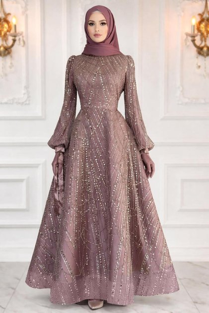 KADIN PEMBE (GÜL KURUSU) PUL PAYETLİ ABİYE ELBİSE T 1163