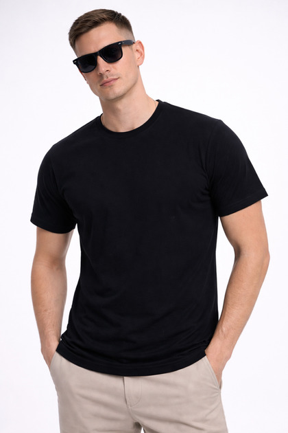 Men's Black Regular Fit Basic T-Shirt, Crew Neck, Cotton 30/1 Single Jersey Fabric, Comfortable Daily Wear