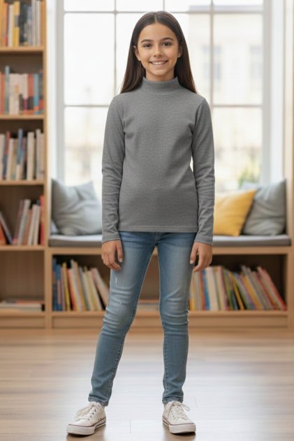 Children's Half Fisherman Sweater - Girls' and Boys' Gray Melange Seasonal Half Turtleneck Long Sleeve Bodysuit