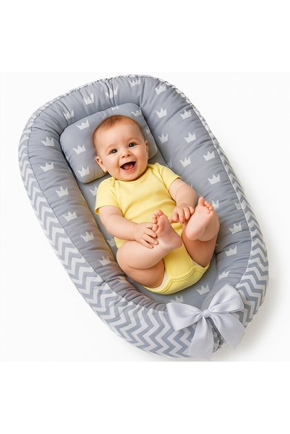 Coș de dormit pentru bebeluși Baby Nest, Linomag®, 0-24 luni, 90x55cm, husă din bumbac, Gri deschis/Gri închis