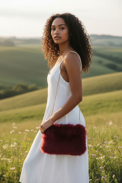 Women's Burgundy Long Furry Plush Chain Strap Shoulder & Hand Bag – Zippered Lining (32X20 cm)