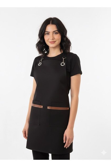 Black Faux Leather Striped Barista Apron with Neck Strap