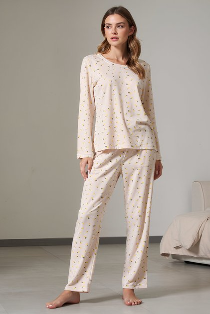 Lemon Patterned Yellow Pajama Set Women's Long Sleeve Comfortable Home Wear