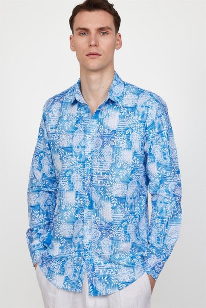 Slim Fit Long Sleeve Printed Patterned Easy-Iron Collar Buttoned Sax Blue Shirt