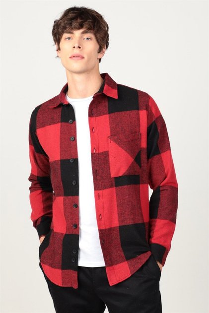 Slim Fit Long Sleeve Winter Lumberjack Checkerboard Pattern Single Pocket Men's Red Shirt