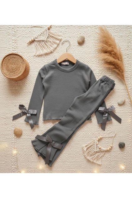 Bow Detail K Ribbed Knit Bluse and Pants Girls' Double Set [Slim Fit, We Recommend One Size Up.]