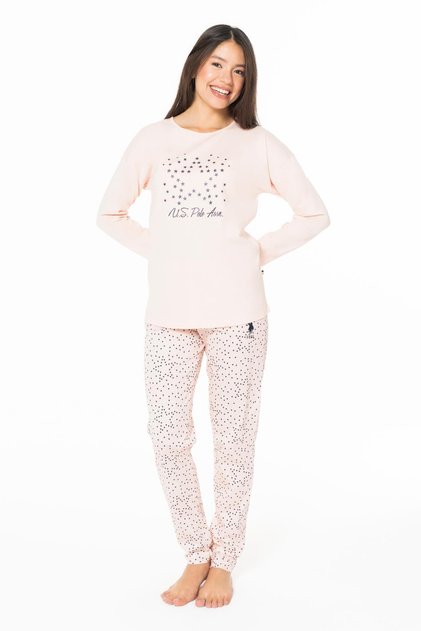 Women's Crew Neck Home Wear, Pajama Set, Uzunkol, 100% Cotton-Somon-S