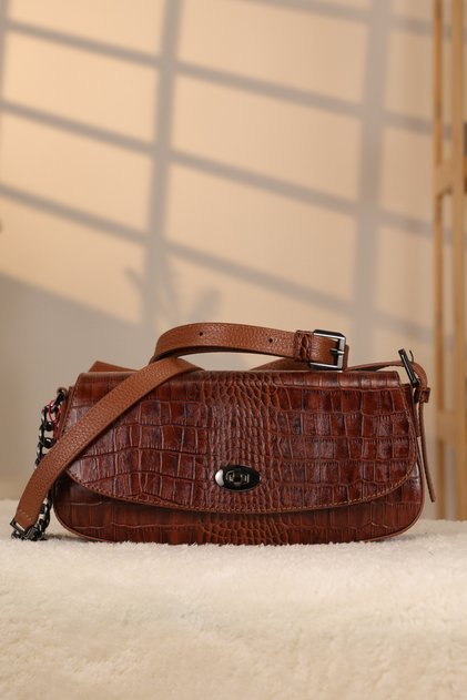 Crocodile Pattern Brown Leather Bag - Genuine Leather and Shoulder Strap 40438