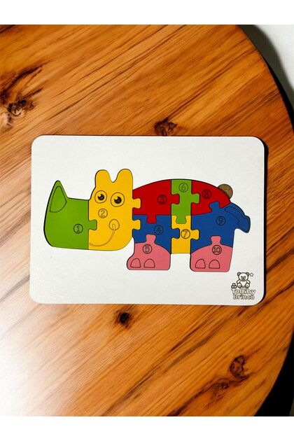 Ahşap Eğitici Puzzle - 10 Parçalı Sayı ve Renk Öğretici Gergedan Figürlü Yapboz (21x15 cm)