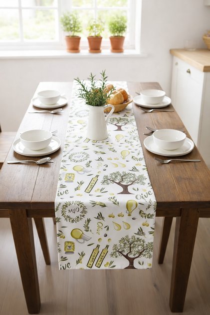 Olive Patterned Digital Printed Stain-Resistant Quality Fabric Tablecloth Runner Kitchen Runner
