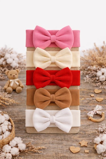Doppellagiges Schleifenbandana für Babys und Kinder, 5er-Set (Rosa/Weiß/Rot/Braun/Creme)