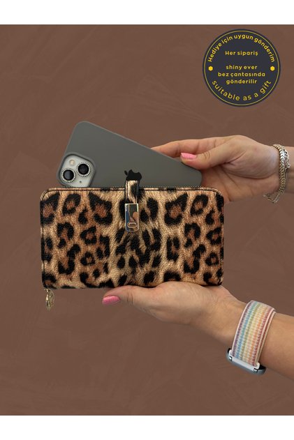 Black Cream Leopard Pattern Leather Women's Wallet Handbag with Phone Compartment Gold Detail