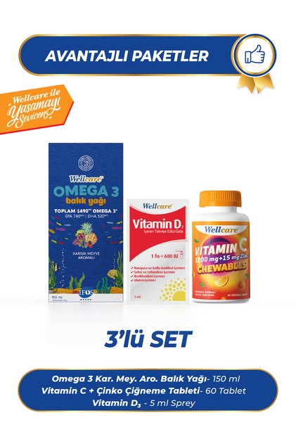 3'lü Set Vitamin D3 600 IU&Omega 3 Karışık Meyve Aromalı Balık Yağı& Vitamin C Zinc Çiğneme Tableti
