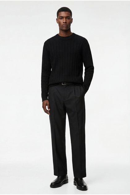 Regular Fit Long Sleeve Striped Textured Crew Neck Knit Sweater