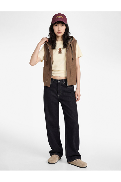 Viscose Blended Hooded Sleeveless Zippered Cardigan with Pocket Detail