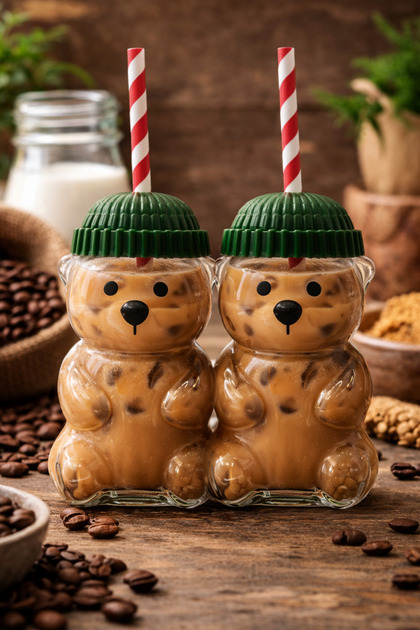2'li Barista Cam Soğuk İçecek Bardağı Sevimli Ayıcıklı Bearista Bardak 550 ml
