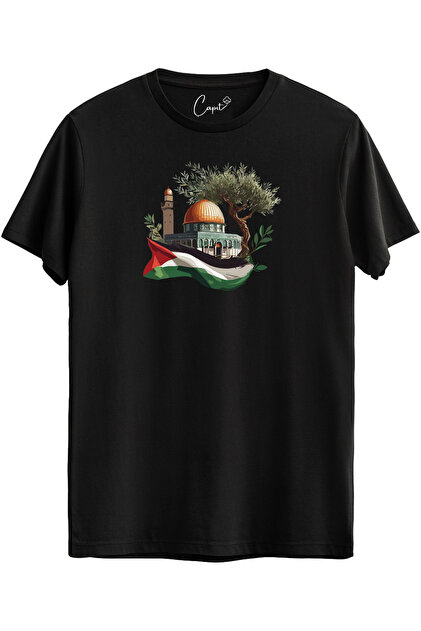 قطن قطعة تي شيرت فلسطين القدس مطبوع أسود بأكمام قصيرة