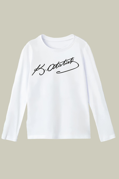 Cotton Black Ataturk Signature Printed White Long Sleeve 23 April 29 October Children's T-Shirt