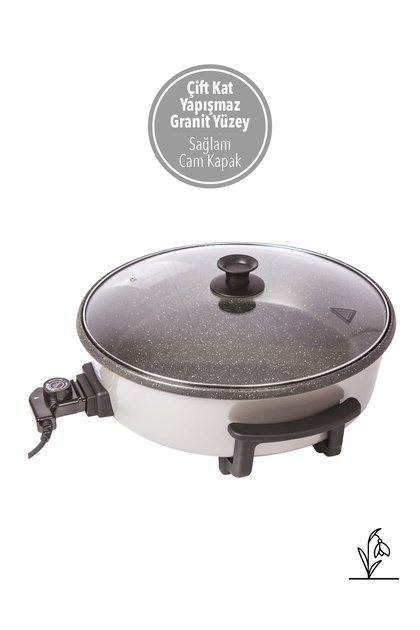 | Pizzamatik Gri | Granit Elektrikli Pizza Tavası | 1200W | Cam Kapaklı |