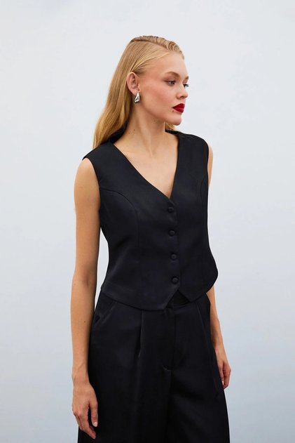 Crepe Satin Vest - Black