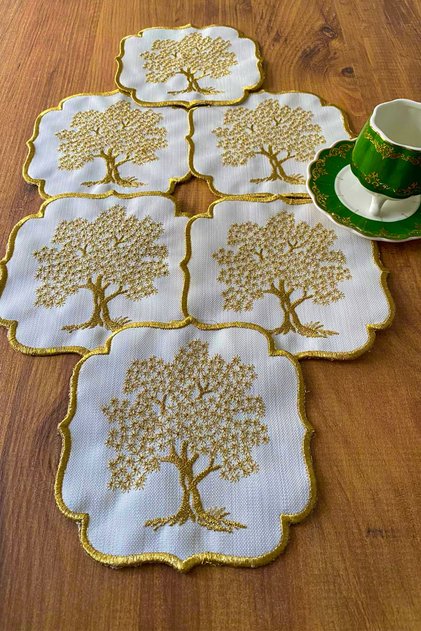 Çınar 6-Piece Special Embroidered Linen Coffee Serving Napkin, Coffee Cocktail Napkin-Gold