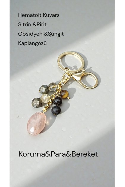 Natural Stone Keychain Quartz Citrine Pyrite Money Abundance Protection 8mm 2 Cmm Steel Chain Copper Wire