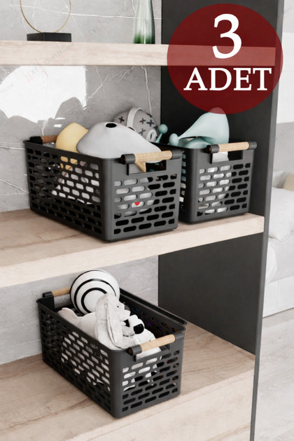3 Adet Siyah Sepet | Ahşap Görünümlü Tutamaçlı Çok Amaçlı Sepet Organizer Düzenleyici Set