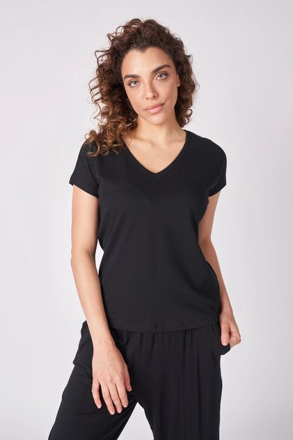 Women's V-Neck Short Sleeve Textured Regular Fit Basic T-Shirt Black