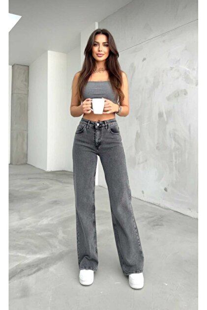 Meex Füme Kar Süper Yüksek Bel 90's Power Likralı Solmaz Jeans Palazzo Pantolon