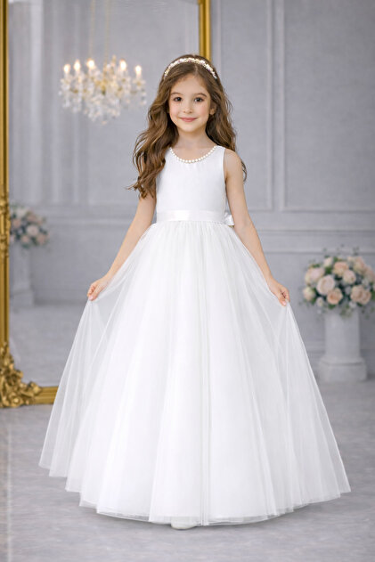 SUNEH Girl's Collar Pearl Detailed White Ball Gown Birthday Graduation  Party Evening Dress- Trendyol