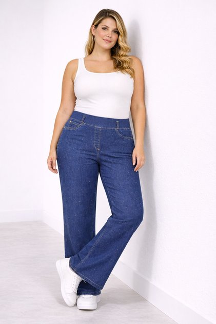 Women's Plus Size Blue, High Waist, Elastic Waist Ornamental Pocket Stone Embellished Palazzo Jeans 65N39308