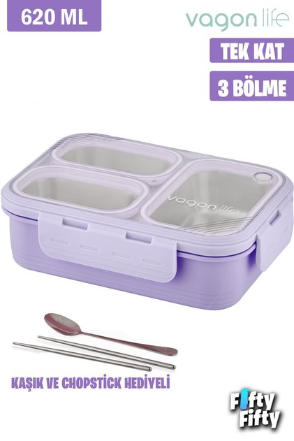Lunch Box 620 ML Tek Kat Üç Bölmeli Metal Kaşıklı Yeni Nesil Sefer Tası-FFLBOX7097