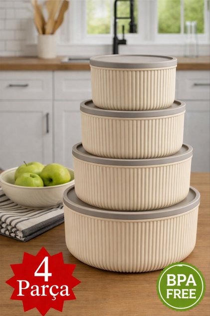 4 Piece Storage Container Set Round Striped Cream - 3Lt 1.8Lt 1Lt 0.55Lt