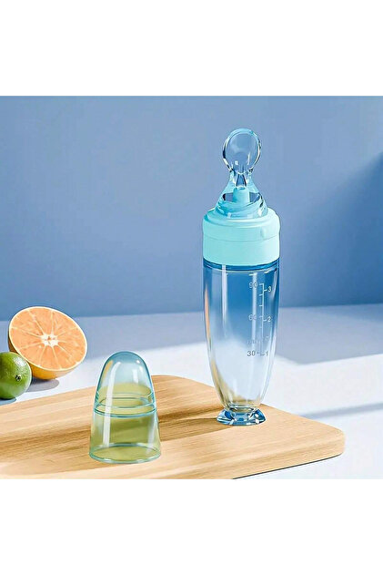 Blue New 90ml/3OZ Colorful Silicone Baby Bottle Feeder with Soft Spoon, Suction Cup and Dust Cap, Po