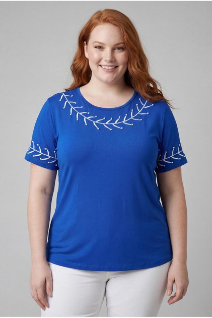 Women's Plus Size Branch Embroidery Detail Blue Blouse