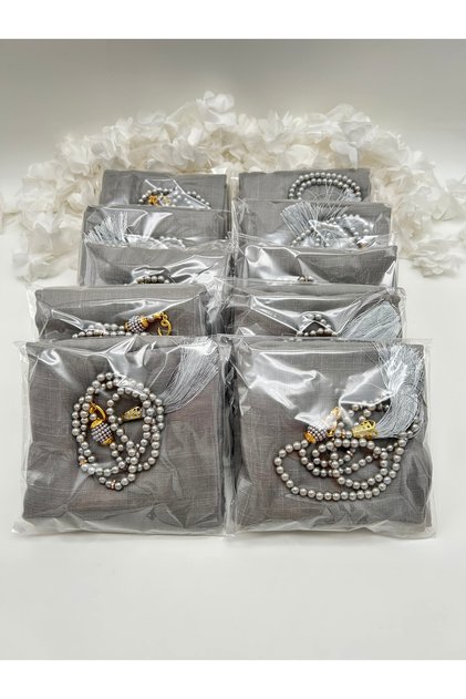 10 Pieces Gray Flared Scarf and Prayer Beads Set Hajj Umrah Mawlid Gift