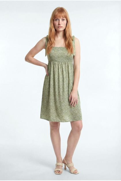 Women's Square Neck Short Sleeve Patterned Khaki Crinkle Dress Raquel