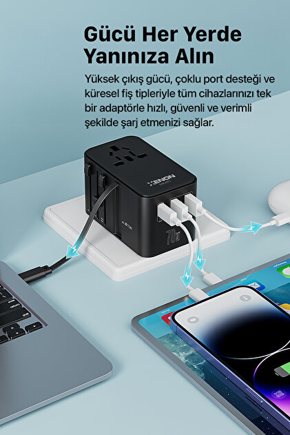 Xenon Smart Priz Dönüştürücü | 70W GaN Hızlı Şarj, 200+ Ülke