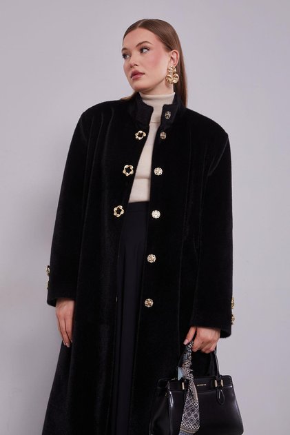 Black Fur Coat with Gold Accessory Detail