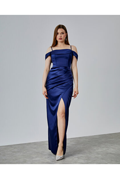 Askılı Drape Detaylı Saten Abiye Elbise