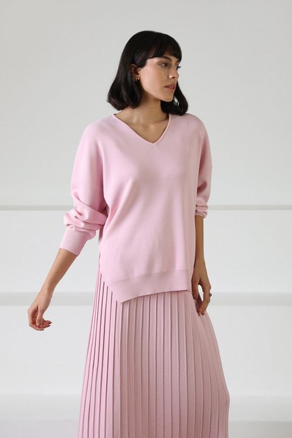 Pink V-Neck Slit Viscose Women's Knitwear Sweater