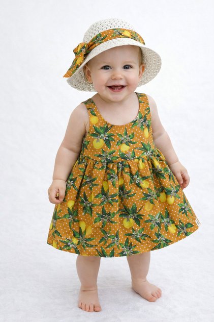 Sweet Baby Girl Lemon Patterned Summer Dress with Hat Sleeveless Cotton Dress